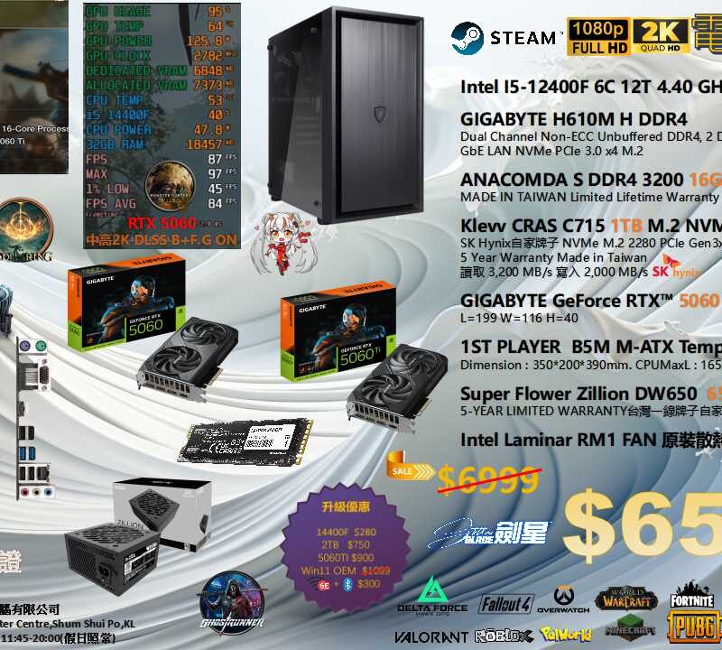 Gigabyte B850M AORUS ELITE WIFI6E ICE 31 (1080P)電競砌機組合 i5+5060 5060ti